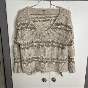 Free People Chunky Fuzzy Loose Knit Cream Stripe Cable Sweater Size Small
